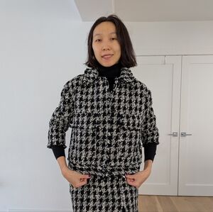 NWT H&M 3/4 sleeve black and white tweed jacket with matching mini skirt.